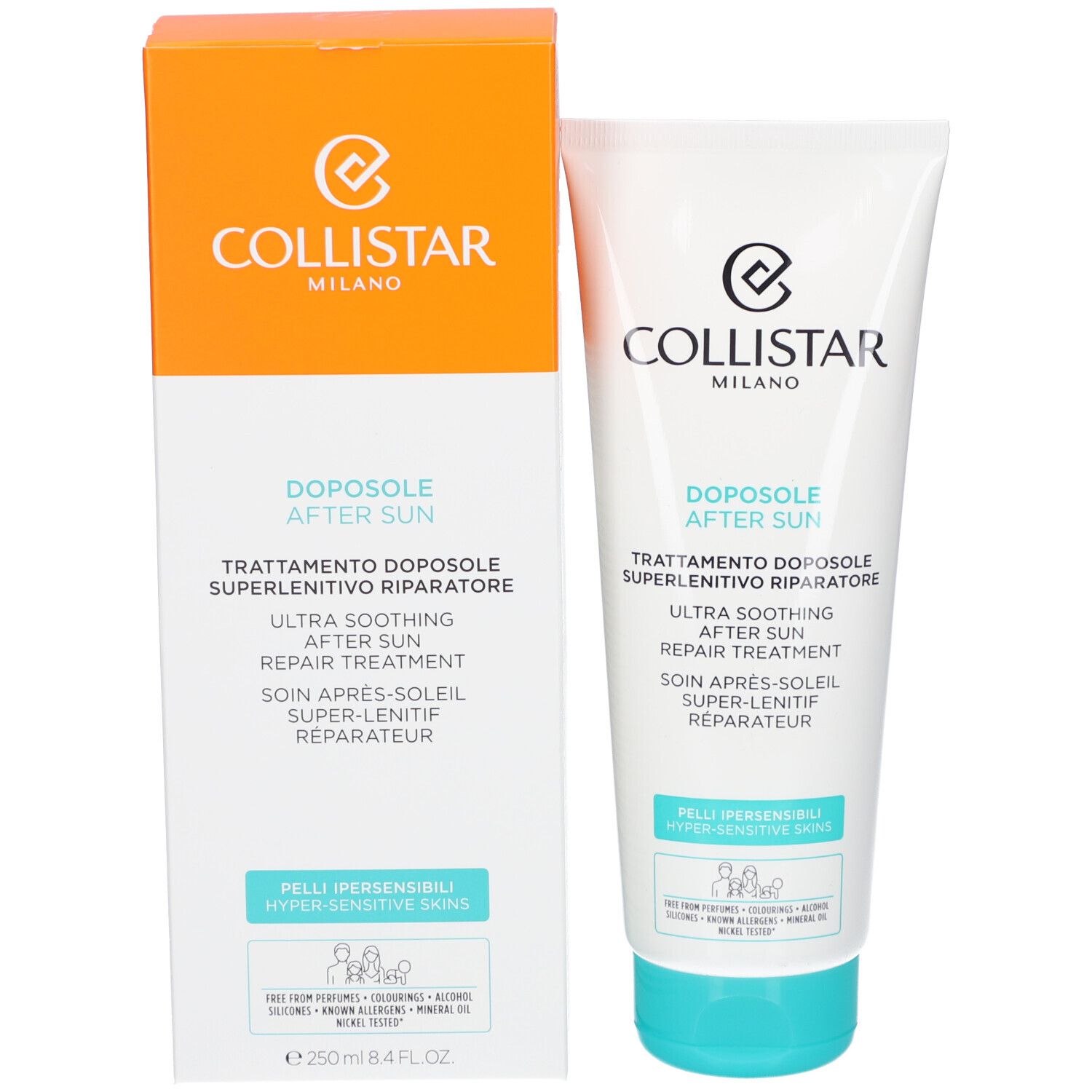 Produktverpackung: Tube und Schachtel. Tube weiß mit türkisfarbenem Verschluss. Schachtel orange. Marke Collistar. After Sun.