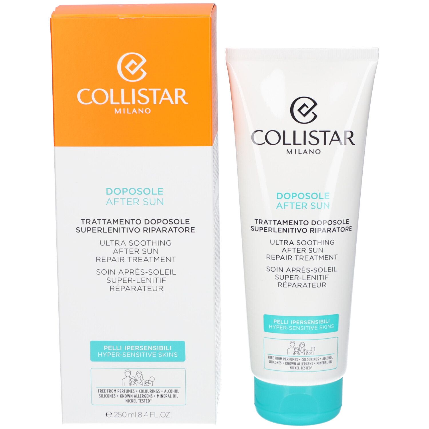 Produktverpackung: Tube und Schachtel. Tube weiß mit türkisfarbenem Verschluss. Schachtel orange. Marke Collistar. After Sun.