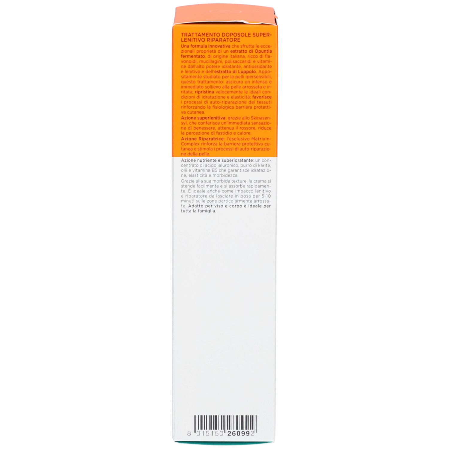 Seite der Produktverpackung. Text in mehreren Sprachen. Marke Collistar. After Sun. Dermatologisch getestet.