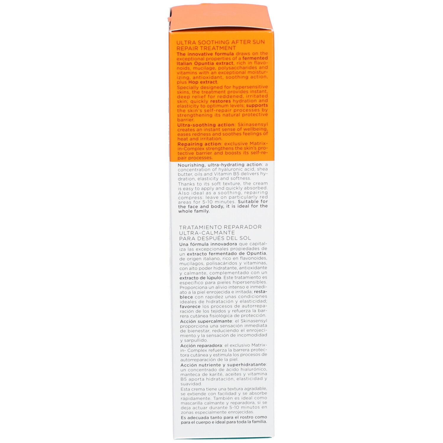 Seite der Produktverpackung. Text in mehreren Sprachen. Marke Collistar. After Sun. Dermatologisch getestet.