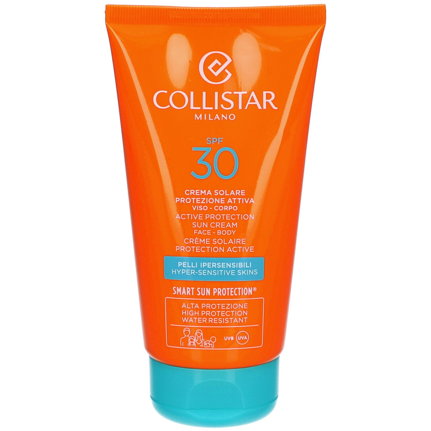 Orange Tube mit blauem Deckel. Enthält Sonnencreme. Text: Collistar, SPF 30, Active Protection, für empfindliche Haut.
