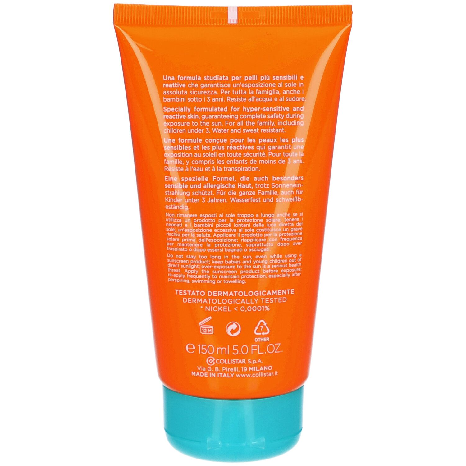Rückseite einer orangefarbenen Tube. Text: Inhaltsstoffe, Anwendungshinweise, dermatologisch getestet, 150 ml.