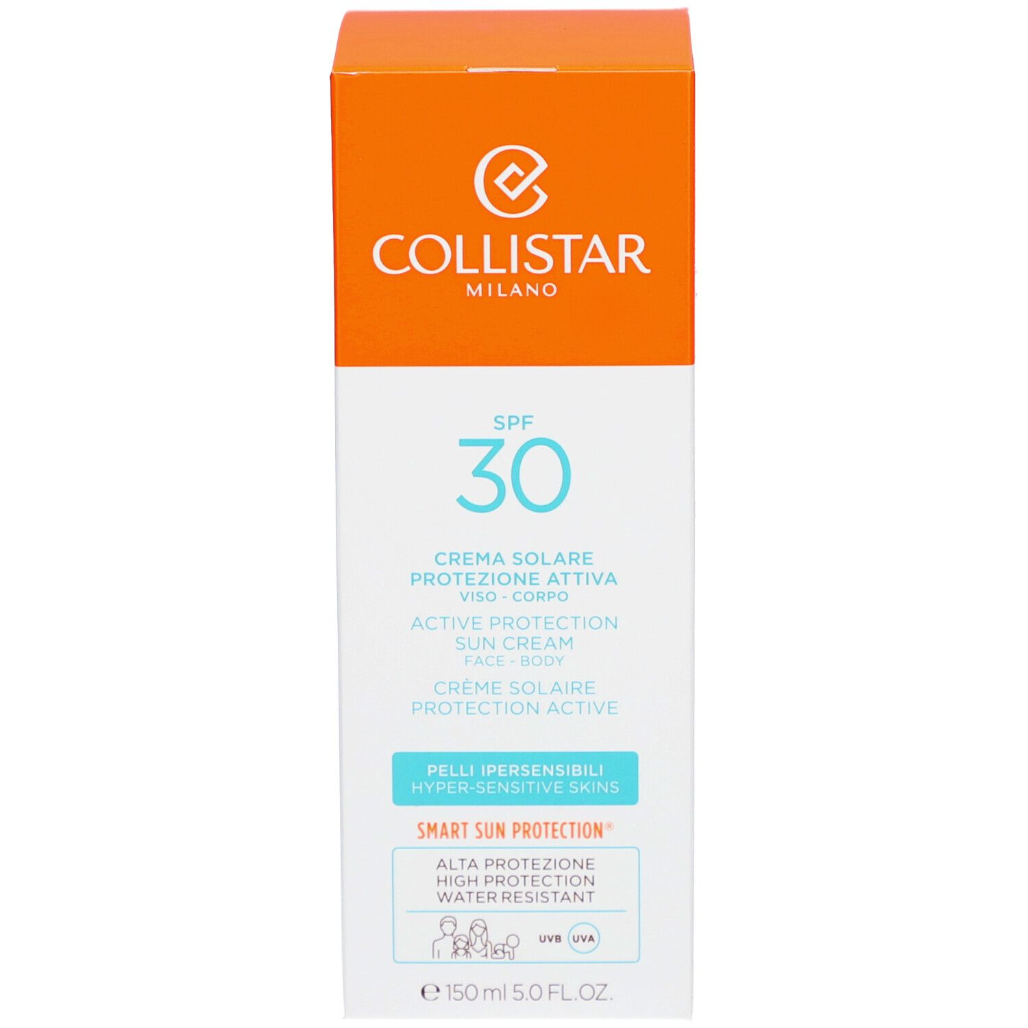 Weiße Schachtel mit orangefarbenem Deckel. Text: Collistar, SPF 30, Active Protection, für empfindliche Haut, 150 ml.