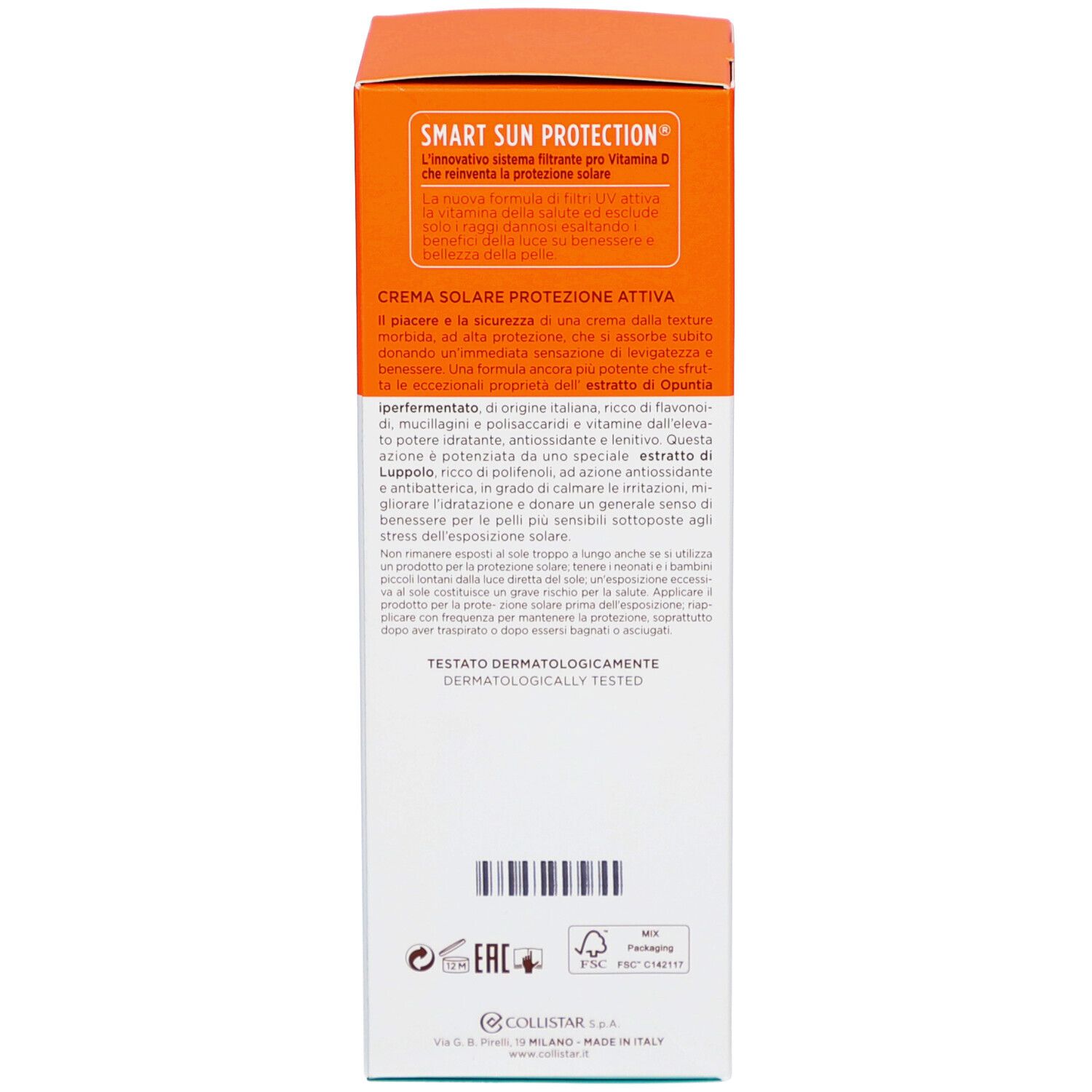 Rückseite der Schachtel. Text: Inhaltsstoffe, Anwendungshinweise, dermatologisch getestet, 150 ml, Collistar.