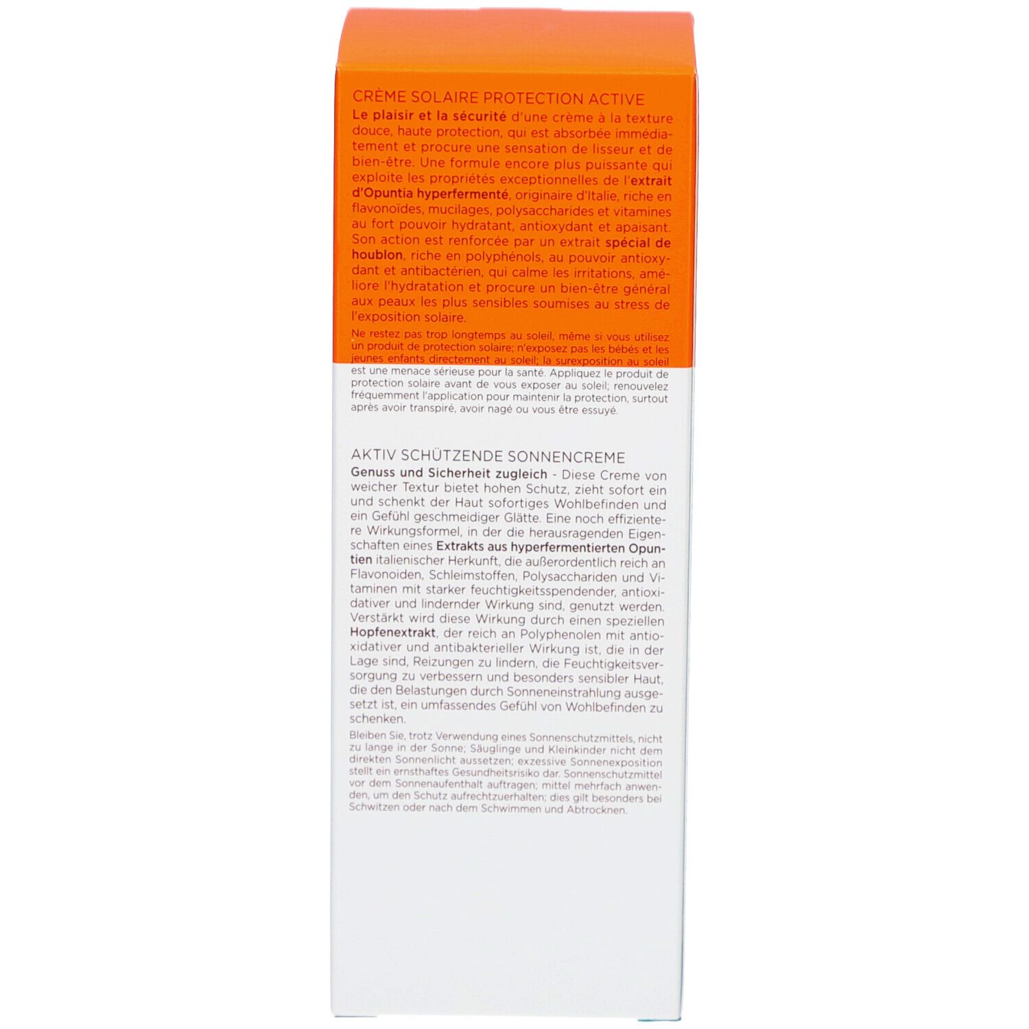 Rückseite der Schachtel. Text: Sonnencreme, Inhaltsstoffe, dermatologisch getestet, Collistar.