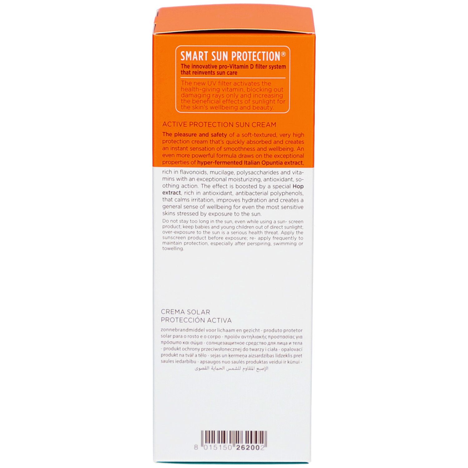 Rückseite der Schachtel. Text: Sonnencreme, Inhaltsstoffe, dermatologisch getestet, Collistar.