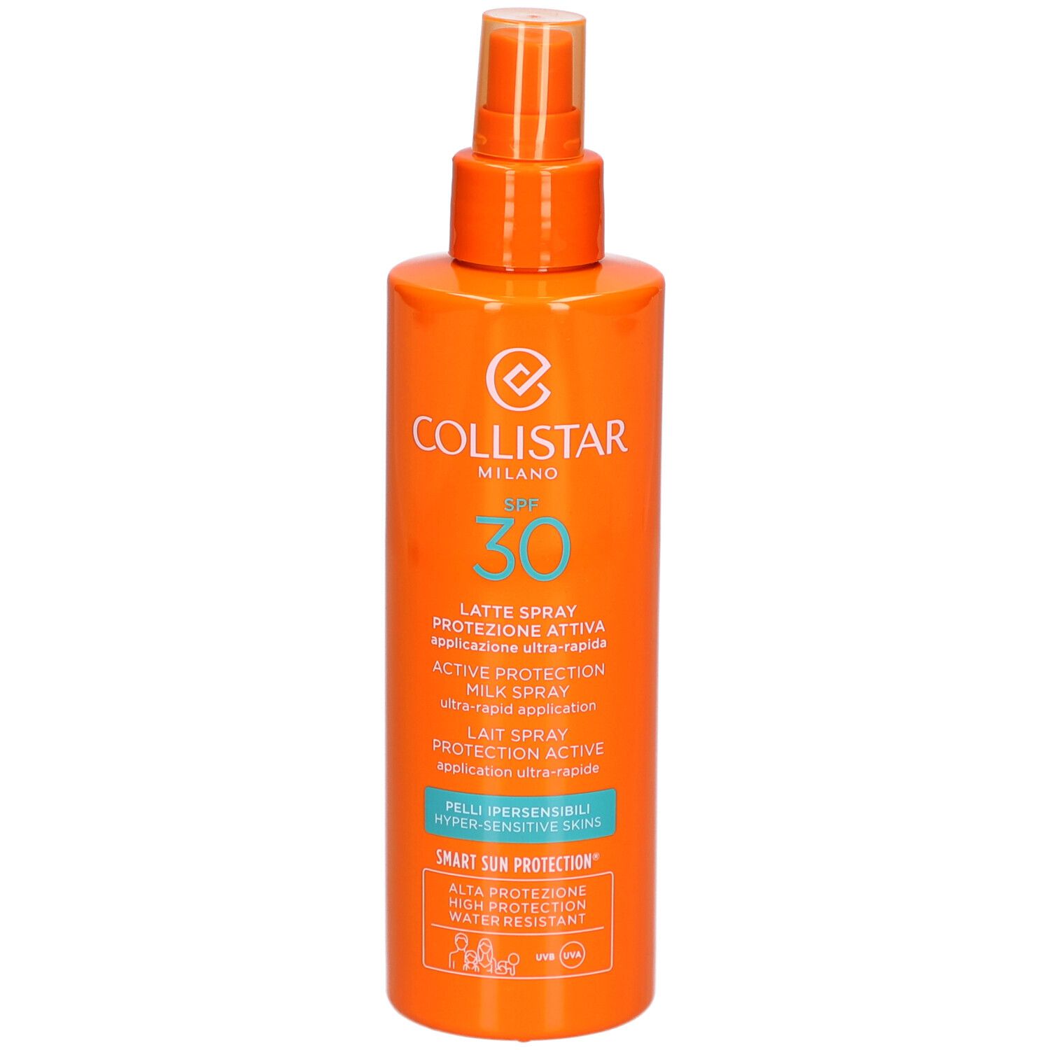 Orangefarbene Sprühflasche mit Collistar-Logo, SPF 30. Text: Lait Spray Protection Active, für empfindliche Haut.