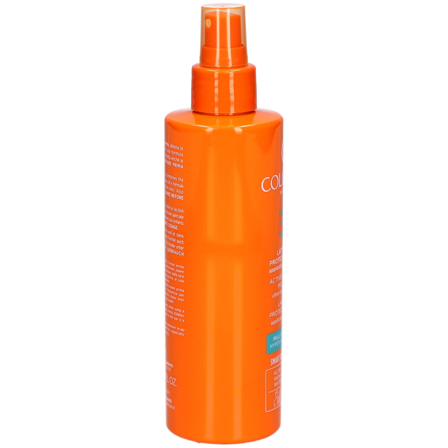 Orangefarbene Sprühflasche mit Collistar-Logo. Text: Lait Spray Protection Active, für empfindliche Haut. Rückansicht.