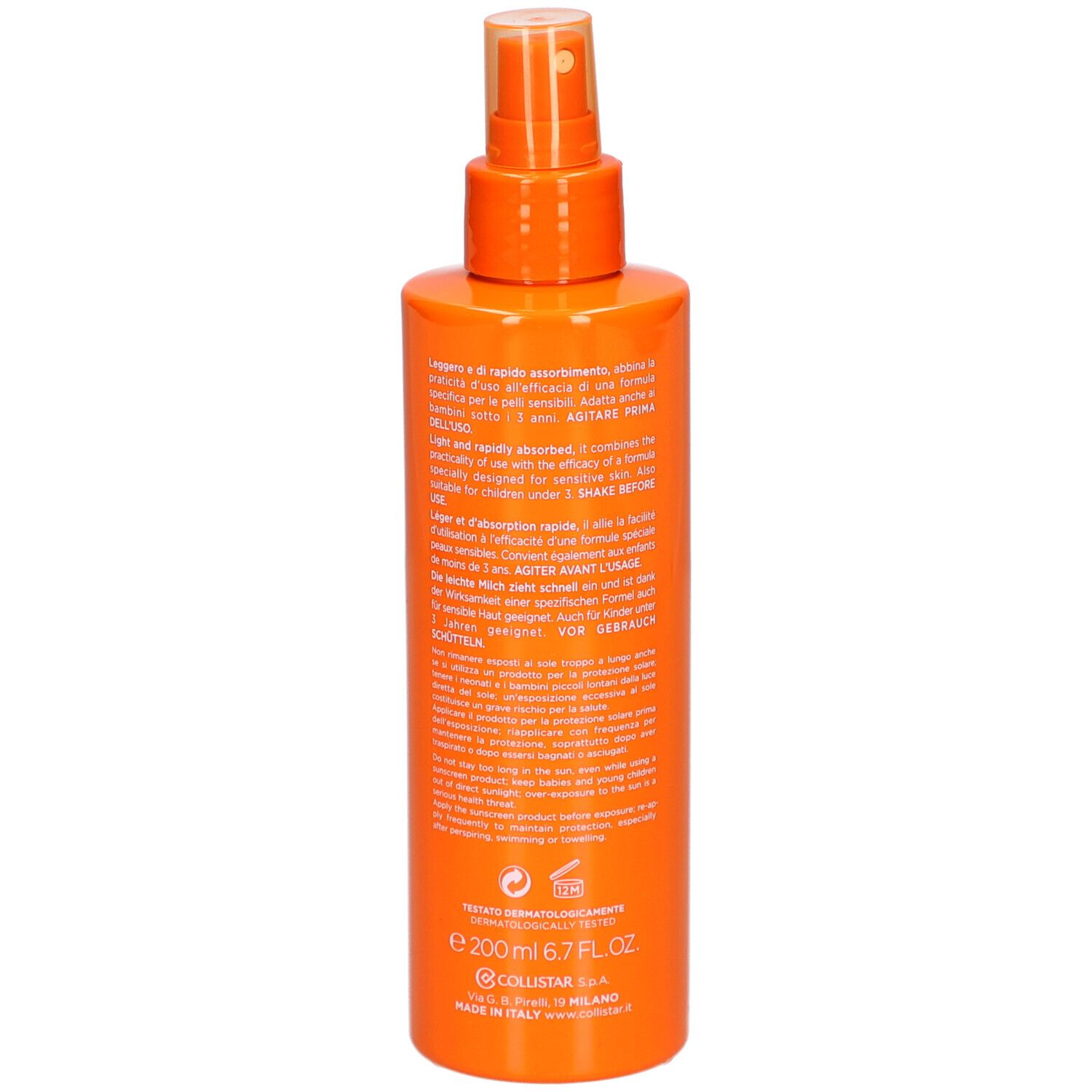 Rückseite einer orangefarbenen Sprühflasche. Text: Anwendungshinweise, Inhaltsstoffe, Herstellerinformationen.