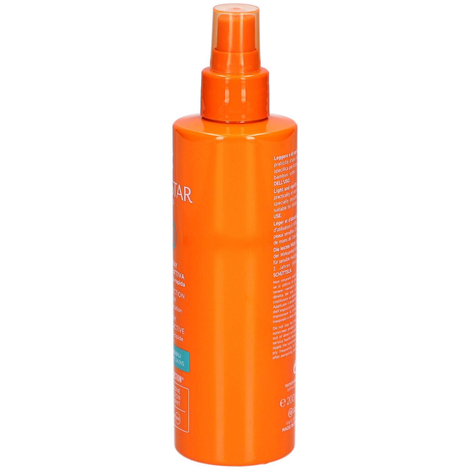 Seite einer orangefarbenen Sprühflasche. Text: Anwendungshinweise, Inhaltsstoffe, Herstellerinformationen.