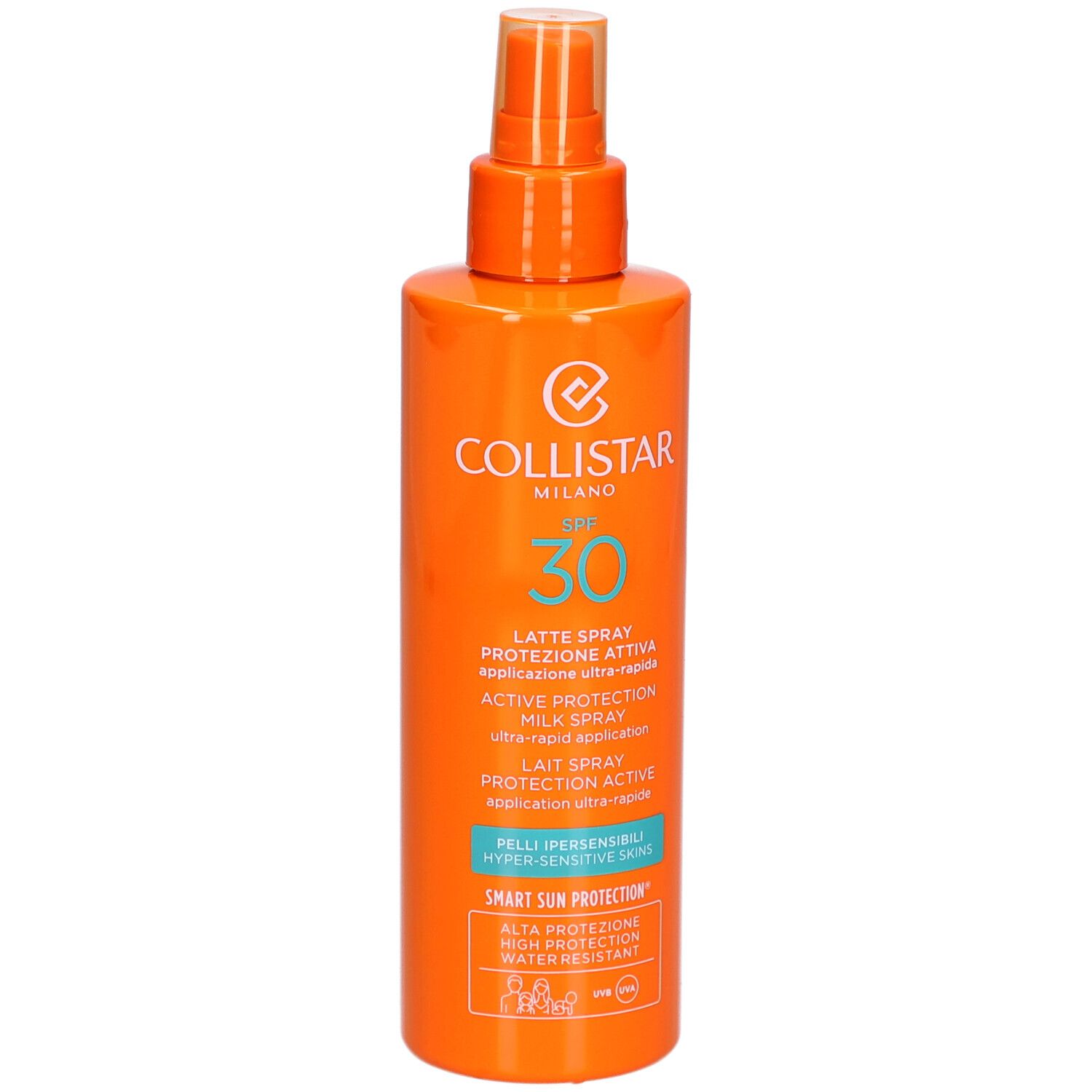 Orangefarbene Sprühflasche mit Collistar-Logo, SPF 30. Text: Lait Spray Protection Active, für empfindliche Haut.