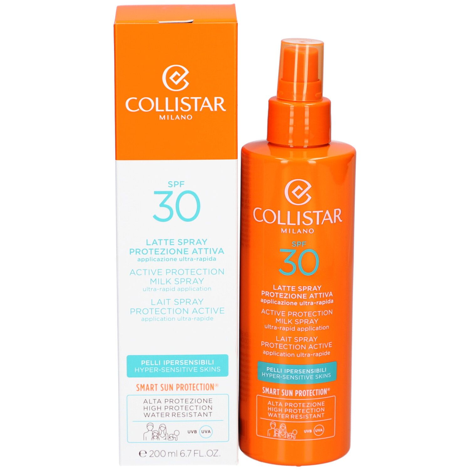 Produktverpackung und Sprühflasche. Verpackung: Collistar-Logo, SPF 30. Flasche: Lait Spray Protection Active.