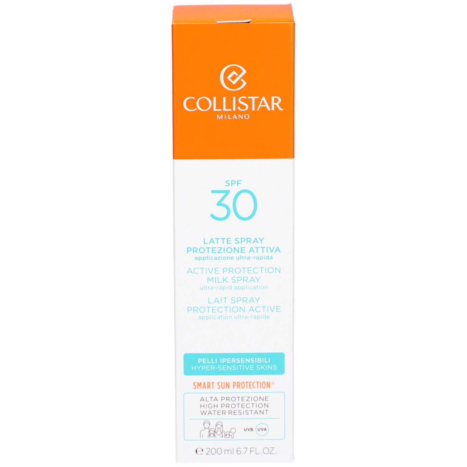Produktverpackung. Collistar-Logo, SPF 30. Text: Lait Spray Protection Active, für empfindliche Haut.