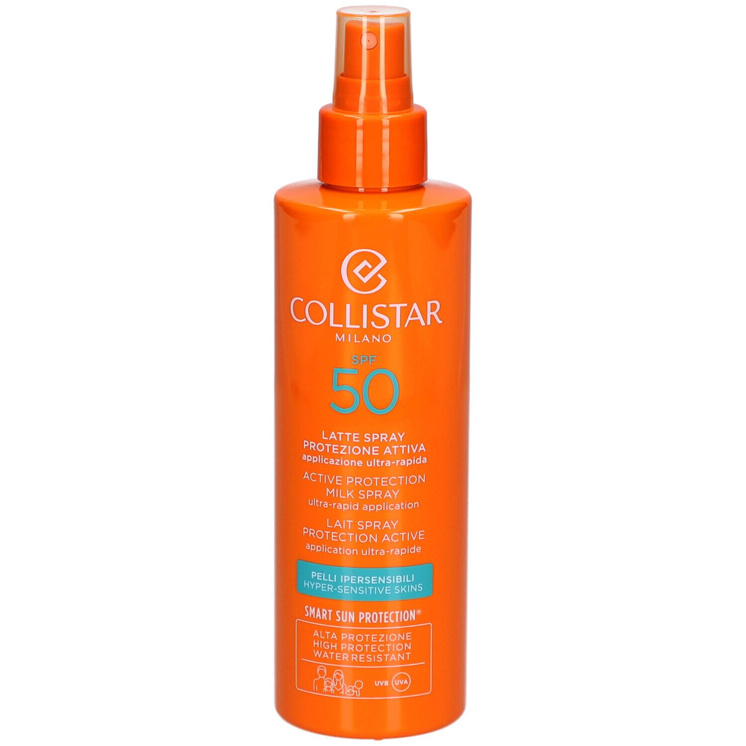 Orangefarbene Sprühflasche mit weißem Aufdruck. Enthält SPF 50. Marke Collistar Milano.