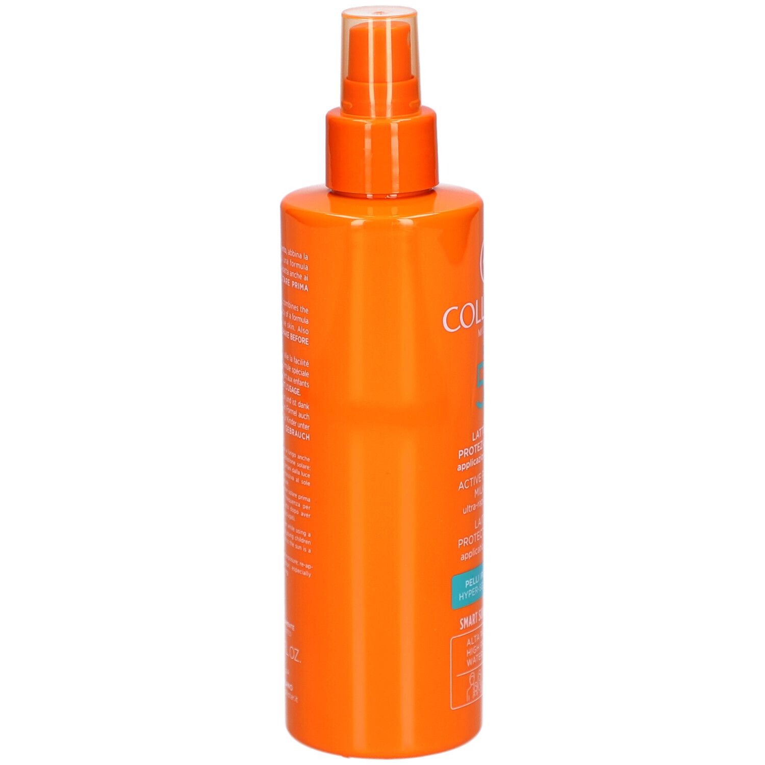 Orangefarbene Sprühflasche. Aufdruck mit Produktinformationen. Marke Collistar Milano.