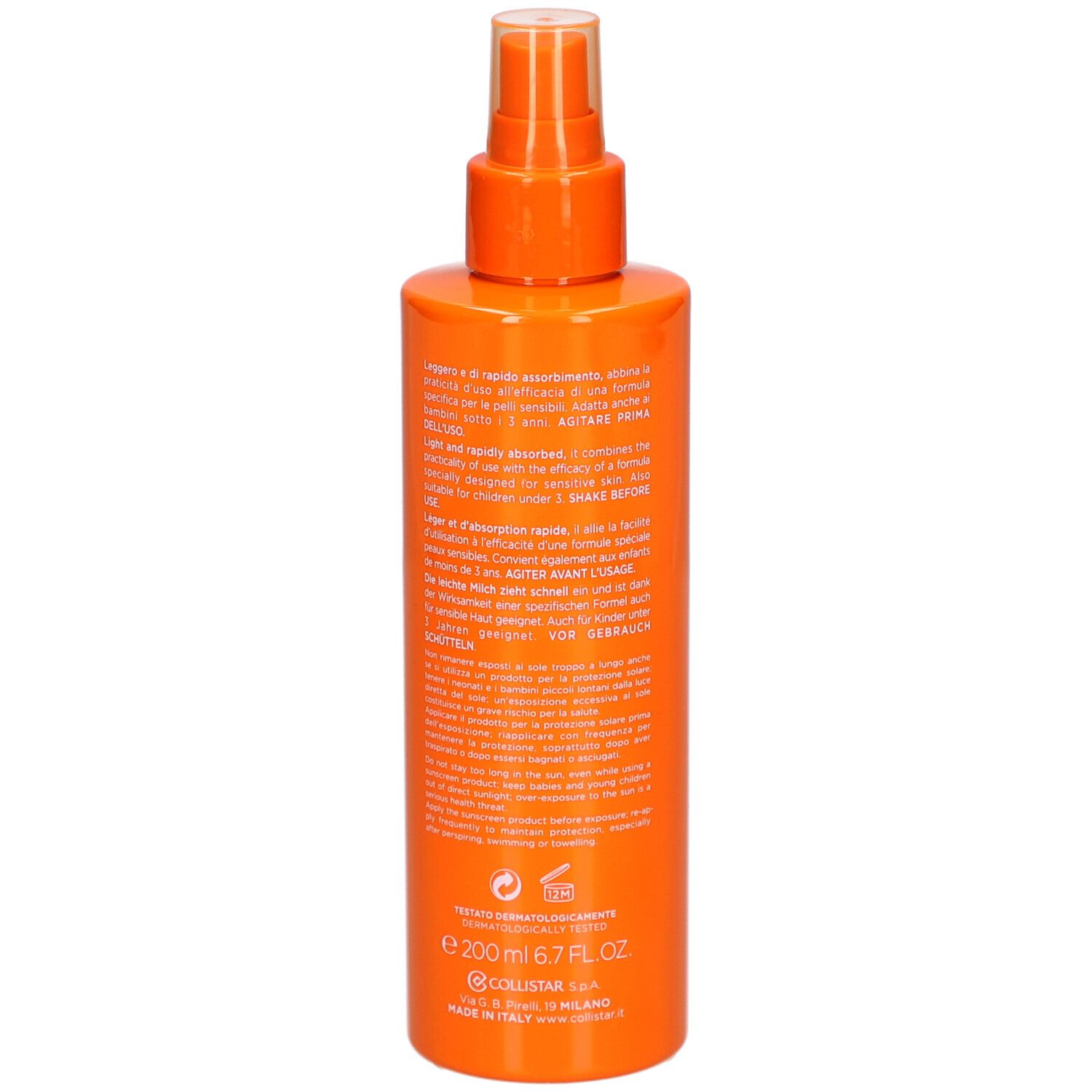 Orangefarbene Sprühflasche. Rückseite mit Produktinformationen. Marke Collistar Milano.