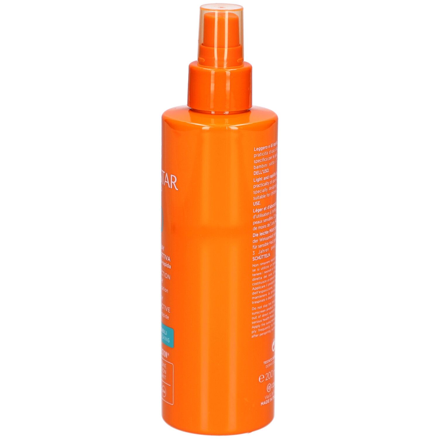 Orangefarbene Sprühflasche. Rückseite mit Produktinformationen. Marke Collistar Milano.
