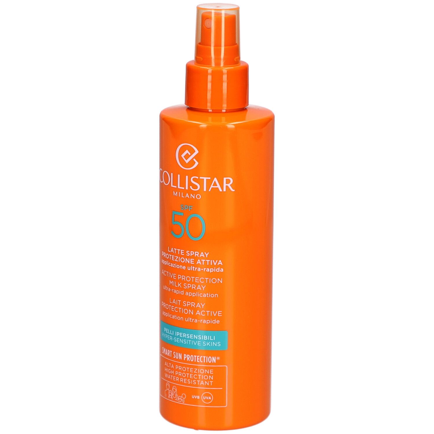 Orangefarbene Sprühflasche mit weißem Aufdruck. Enthält SPF 50. Marke Collistar Milano.