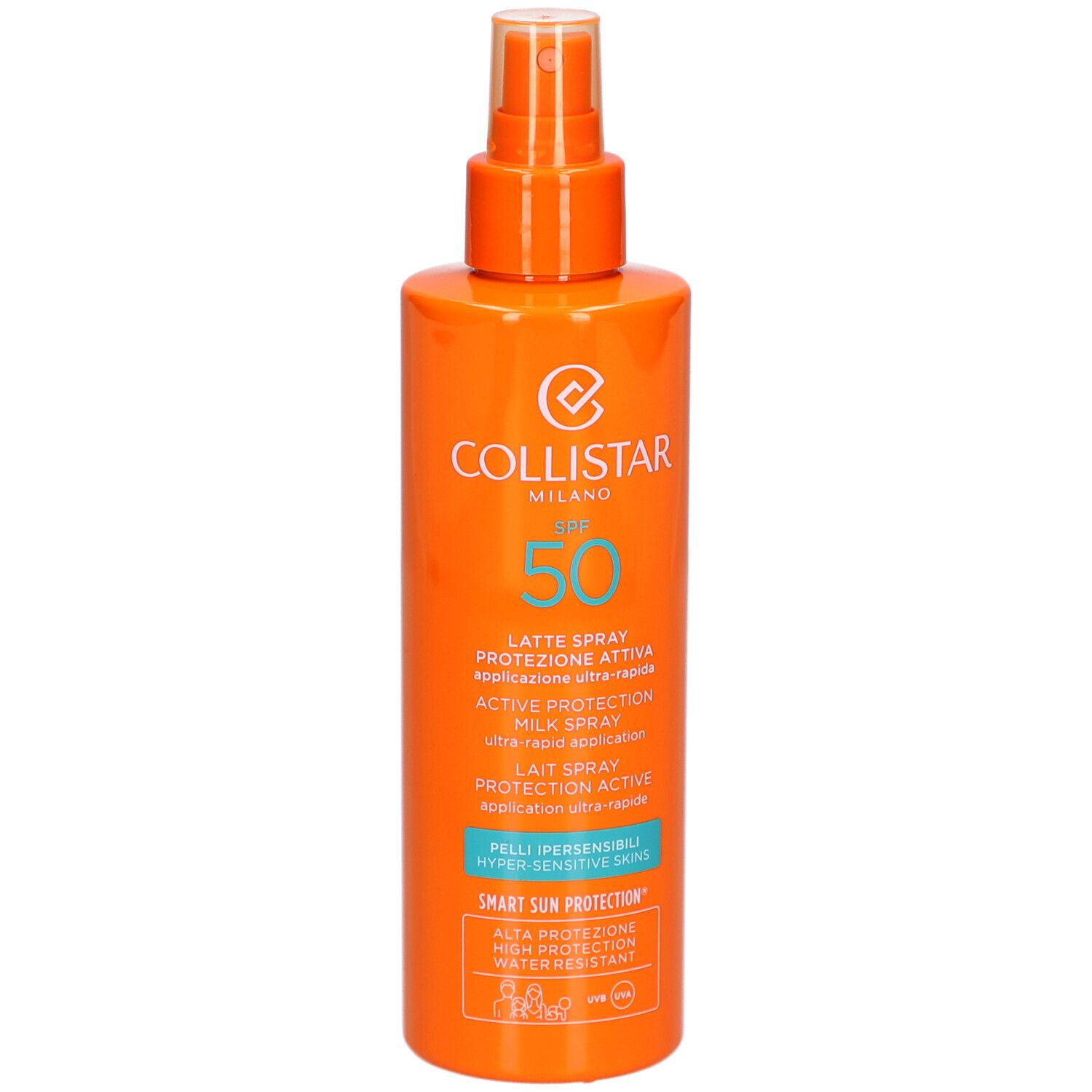 Orangefarbene Sprühflasche mit weißem Aufdruck. Enthält SPF 50. Marke Collistar Milano.