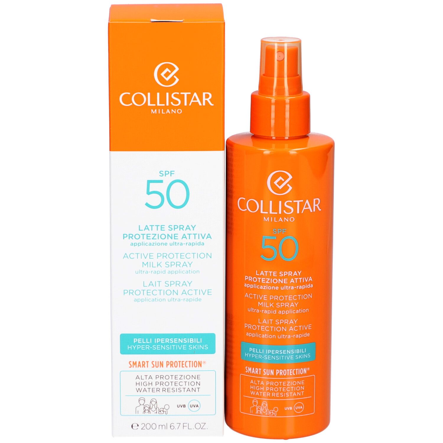 Orangefarbene Sprühflasche und Verpackung. Enthält SPF 50. Marke Collistar Milano.