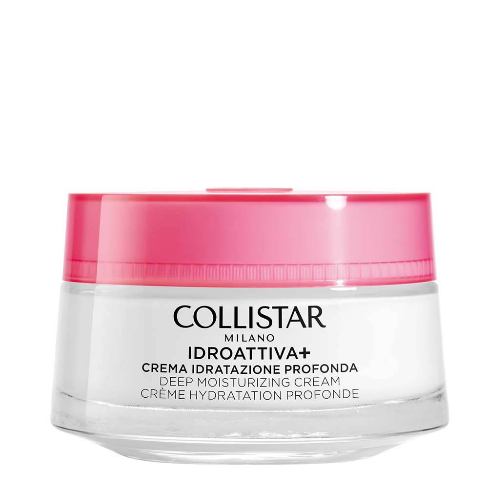 Pot de crème avec couvercle rose. Inscription : COLLISTAR, IDROATTIVA+, Deep Moisturizing Cream.