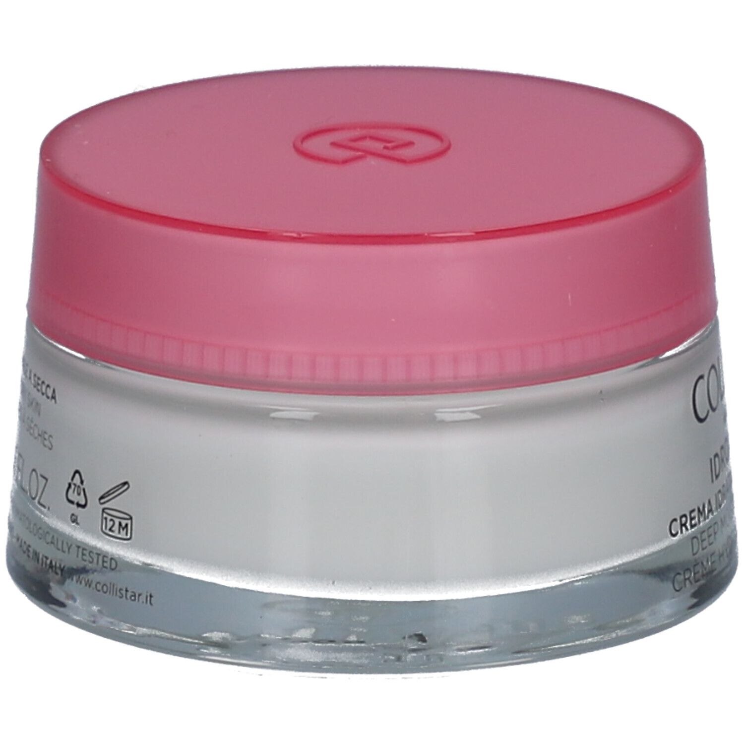 Rückseite des Creme-Glases mit rosa Deckel. Aufschrift: COLLISTAR, IDROATTIVA+, Deep Moisturizing Cream.