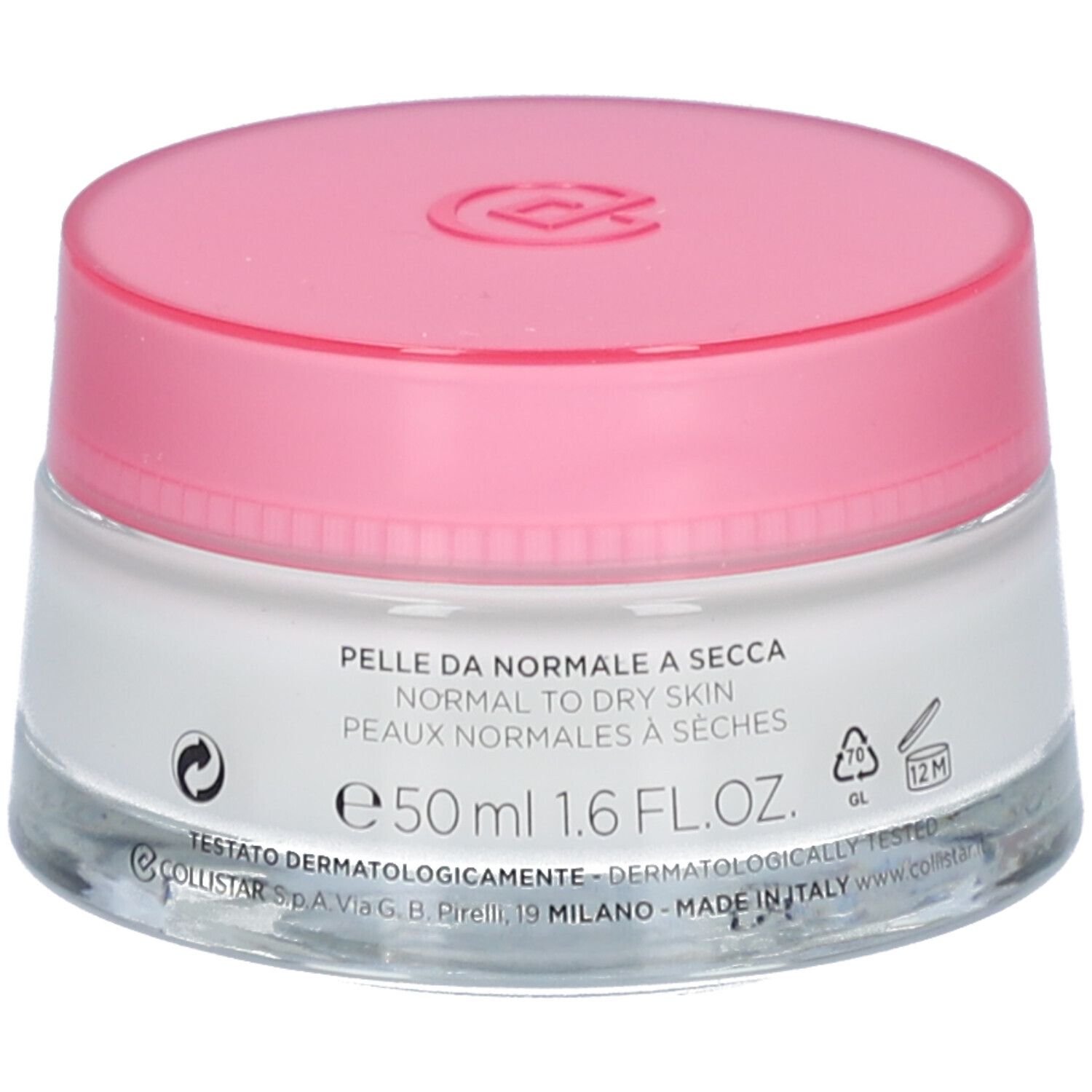 Creme-Glas mit rosa Deckel. Aufschrift: COLLISTAR, IDROATTIVA+, Deep Moisturizing Cream. Für normale bis trockene Haut.