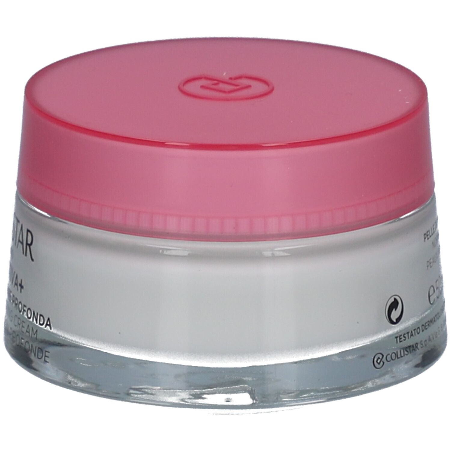 Creme-Glas mit rosa Deckel. Aufschrift: COLLISTAR, IDROATTIVA+, Deep Moisturizing Cream.