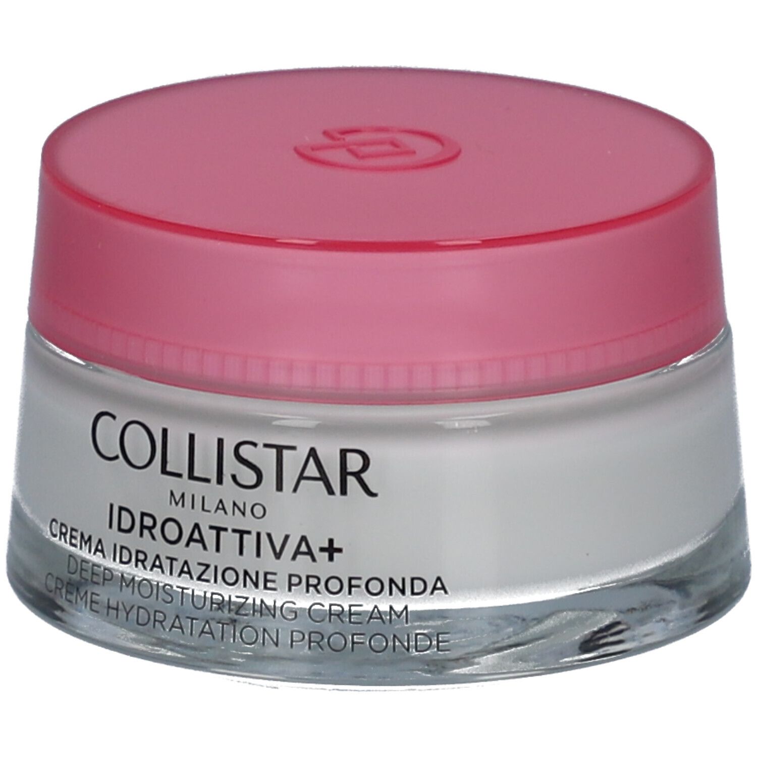 Creme-Glas mit rosa Deckel. Aufschrift: COLLISTAR, IDROATTIVA+, Deep Moisturizing Cream.