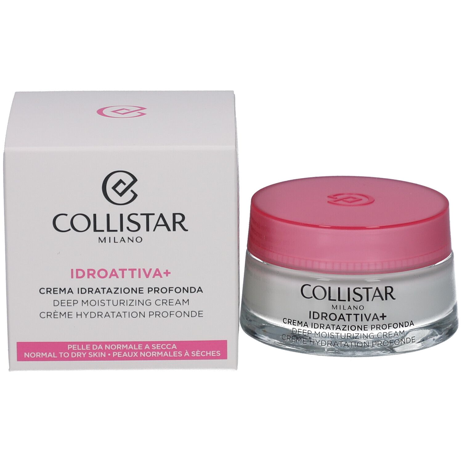 Creme-Glas mit rosa Deckel und Verpackung. Aufschrift: COLLISTAR, IDROATTIVA+, Deep Moisturizing Cream.