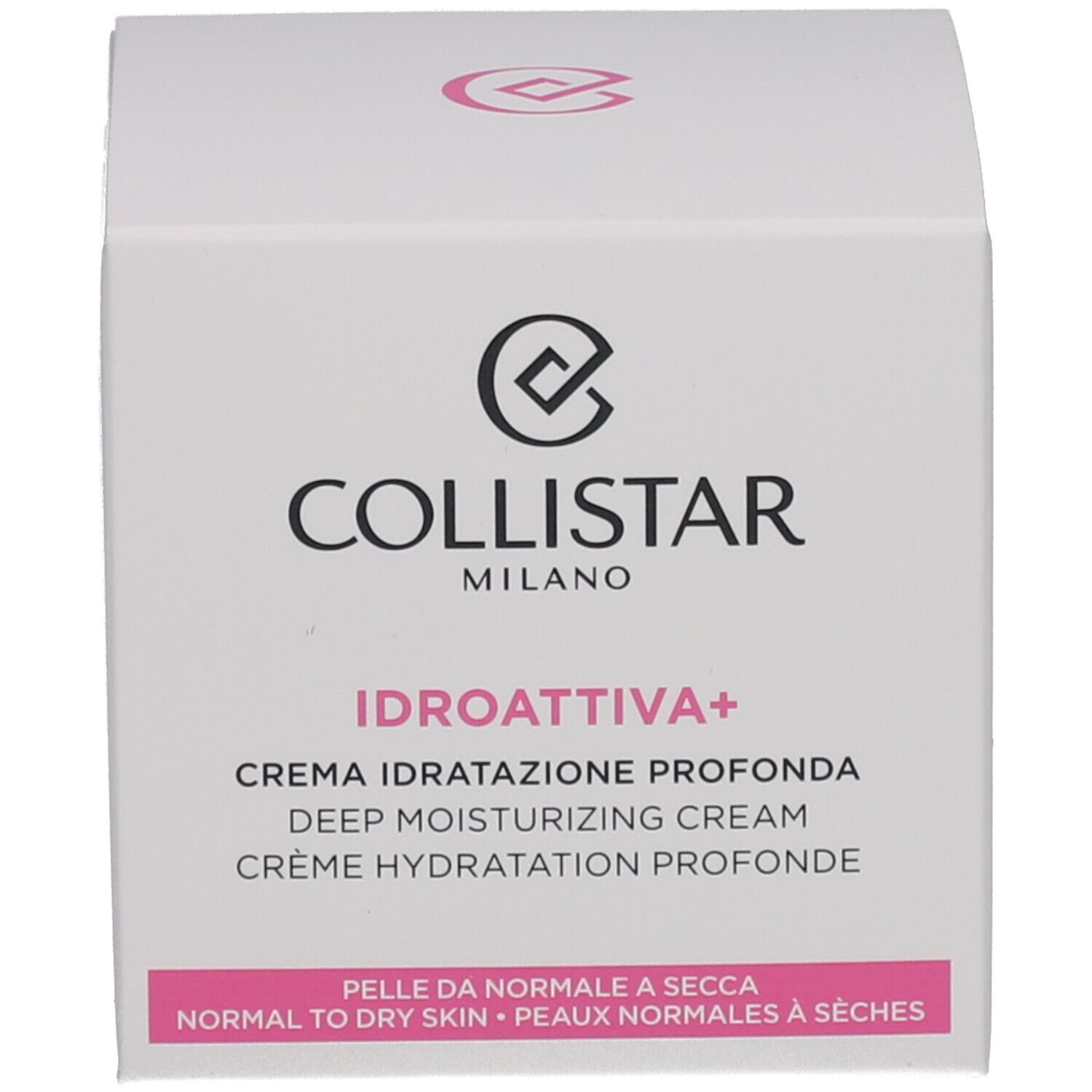 Verpackung mit Aufschrift: COLLISTAR, IDROATTIVA+, Deep Moisturizing Cream. Für normale bis trockene Haut.