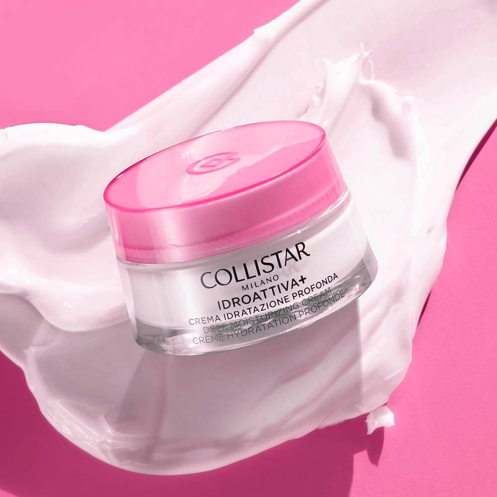 Pot de crème avec couvercle rose sur crème. Inscription : COLLISTAR, IDROATTIVA+, Deep Moisturizing Cream.