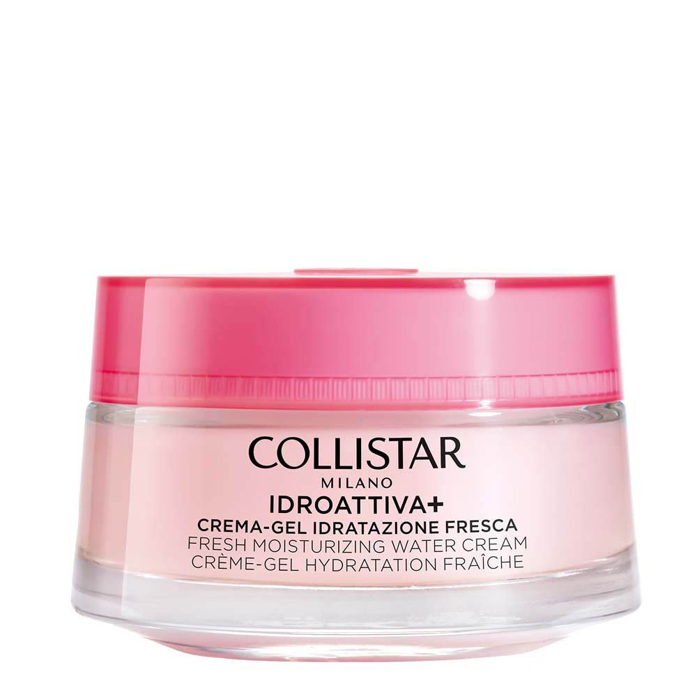 Pot de crème-gel rose. Inscription : COLLISTAR, IDROATTIVA+, Crème-gel. Récipient en verre.