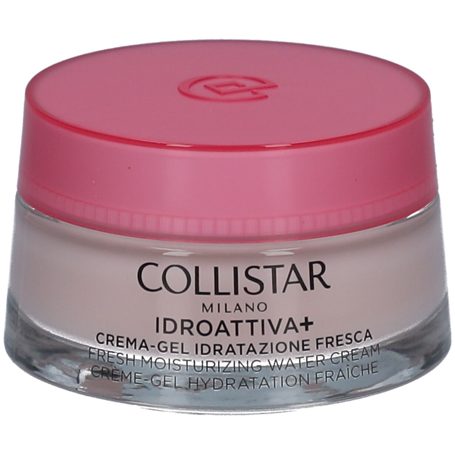 Creme-Gel-Tiegel mit rosa Deckel. Aufschrift: COLLISTAR, IDROATTIVA+, Creme-Gel. Glasbehälter.