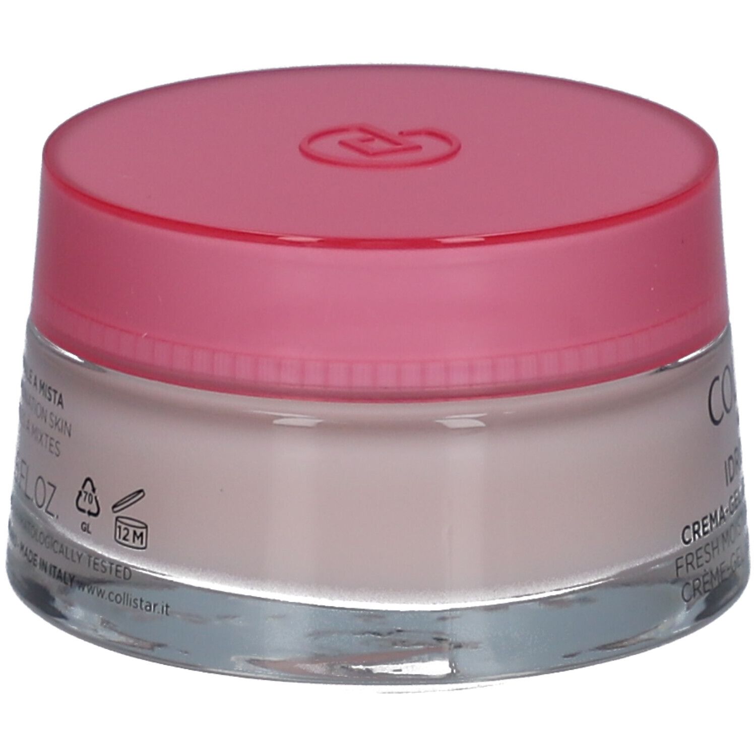 Creme-Gel-Tiegel mit rosa Deckel. Aufschrift: COLLISTAR, IDROATTIVA+, Creme-Gel. Rückseite mit Text.