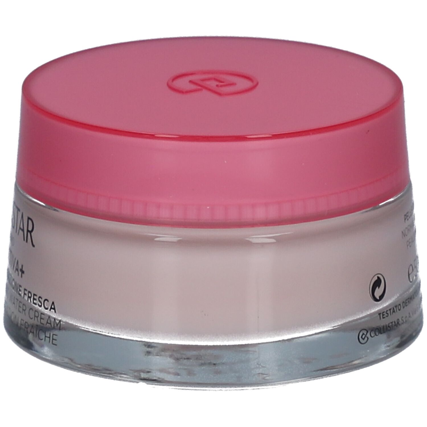 Creme-Gel-Tiegel mit rosa Deckel. Aufschrift: COLLISTAR, IDROATTIVA+, Creme-Gel. Glasbehälter.