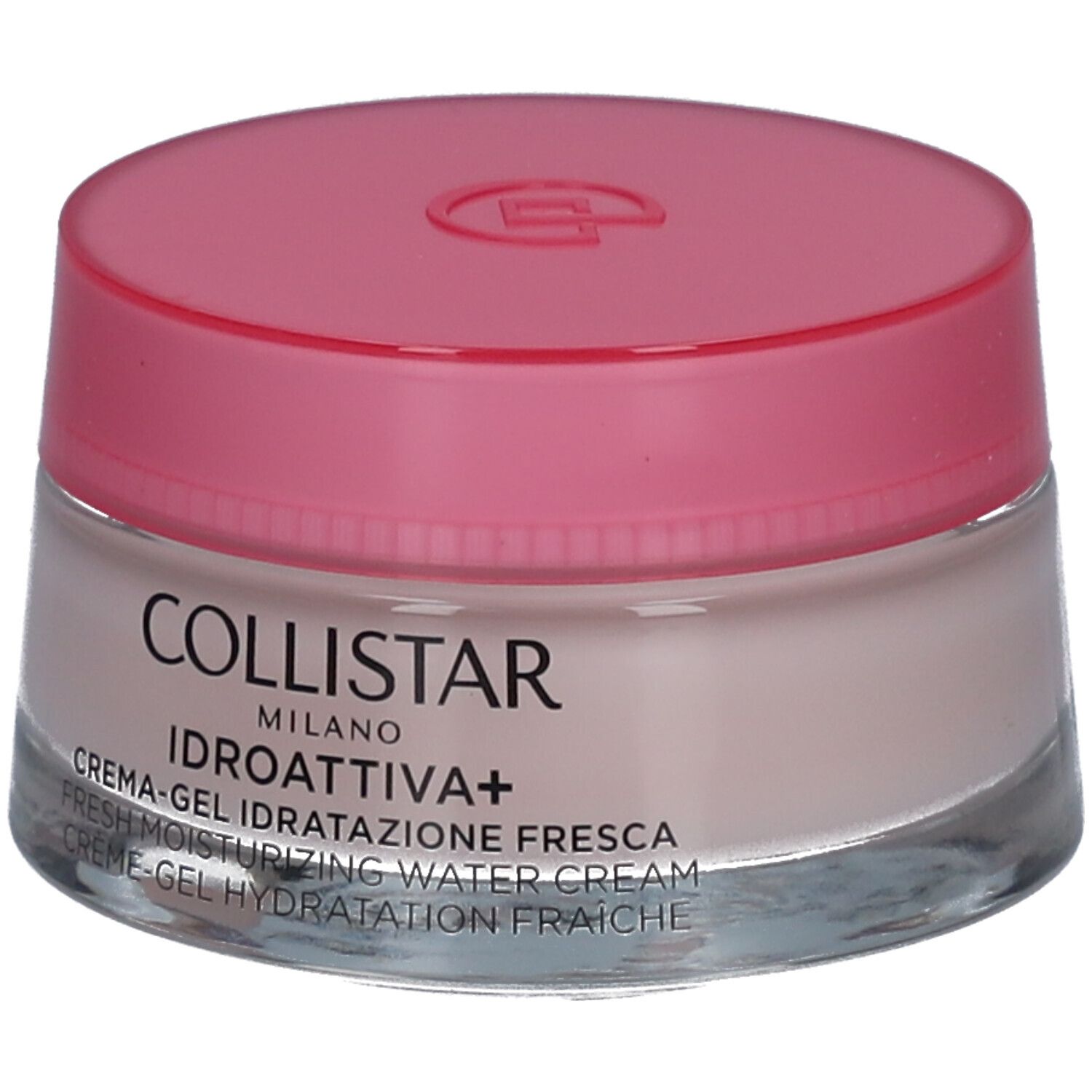 Creme-Gel-Tiegel mit rosa Deckel. Aufschrift: COLLISTAR, IDROATTIVA+, Creme-Gel. Glasbehälter.