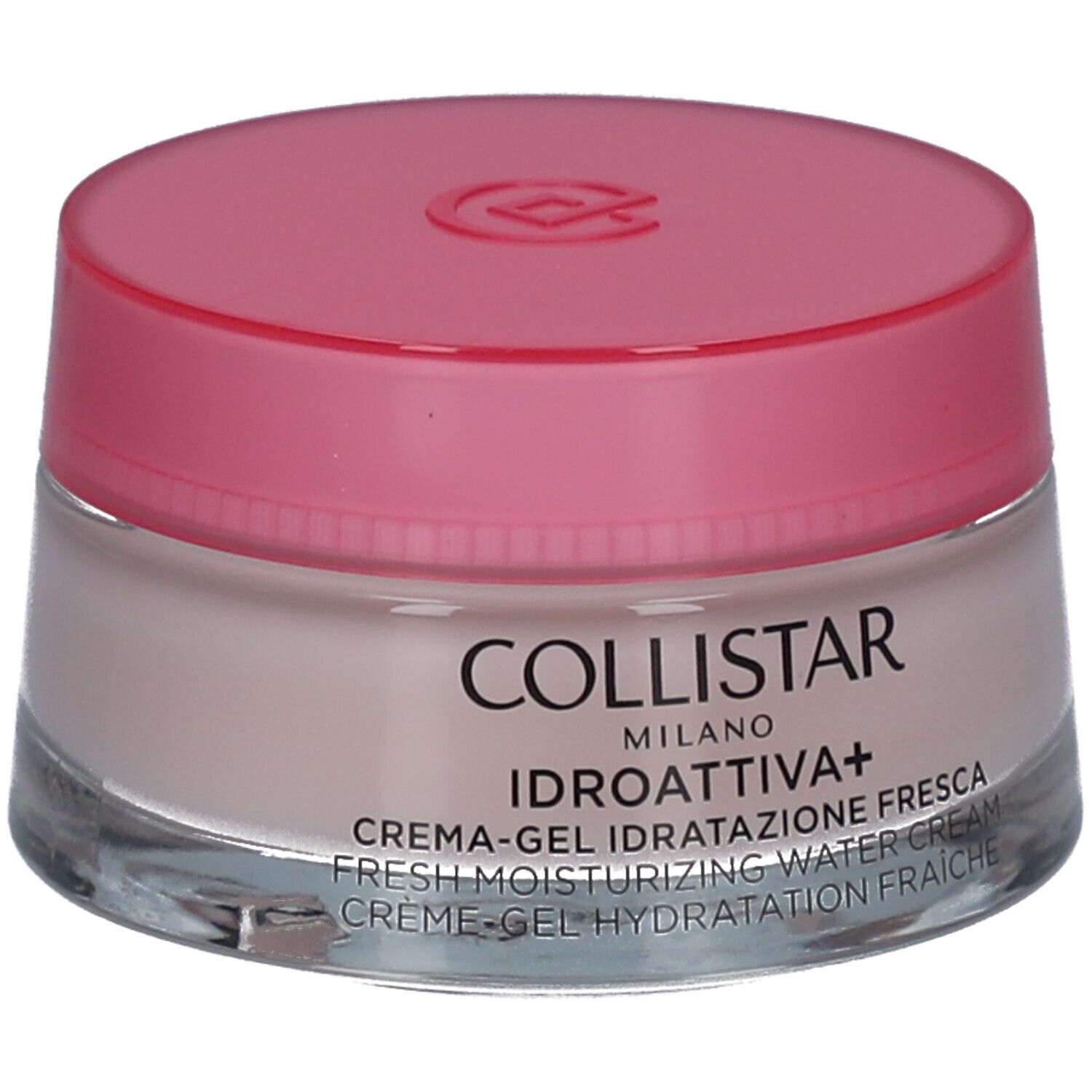 Creme-Gel-Tiegel mit rosa Deckel. Aufschrift: COLLISTAR, IDROATTIVA+, Creme-Gel. Glasbehälter.
