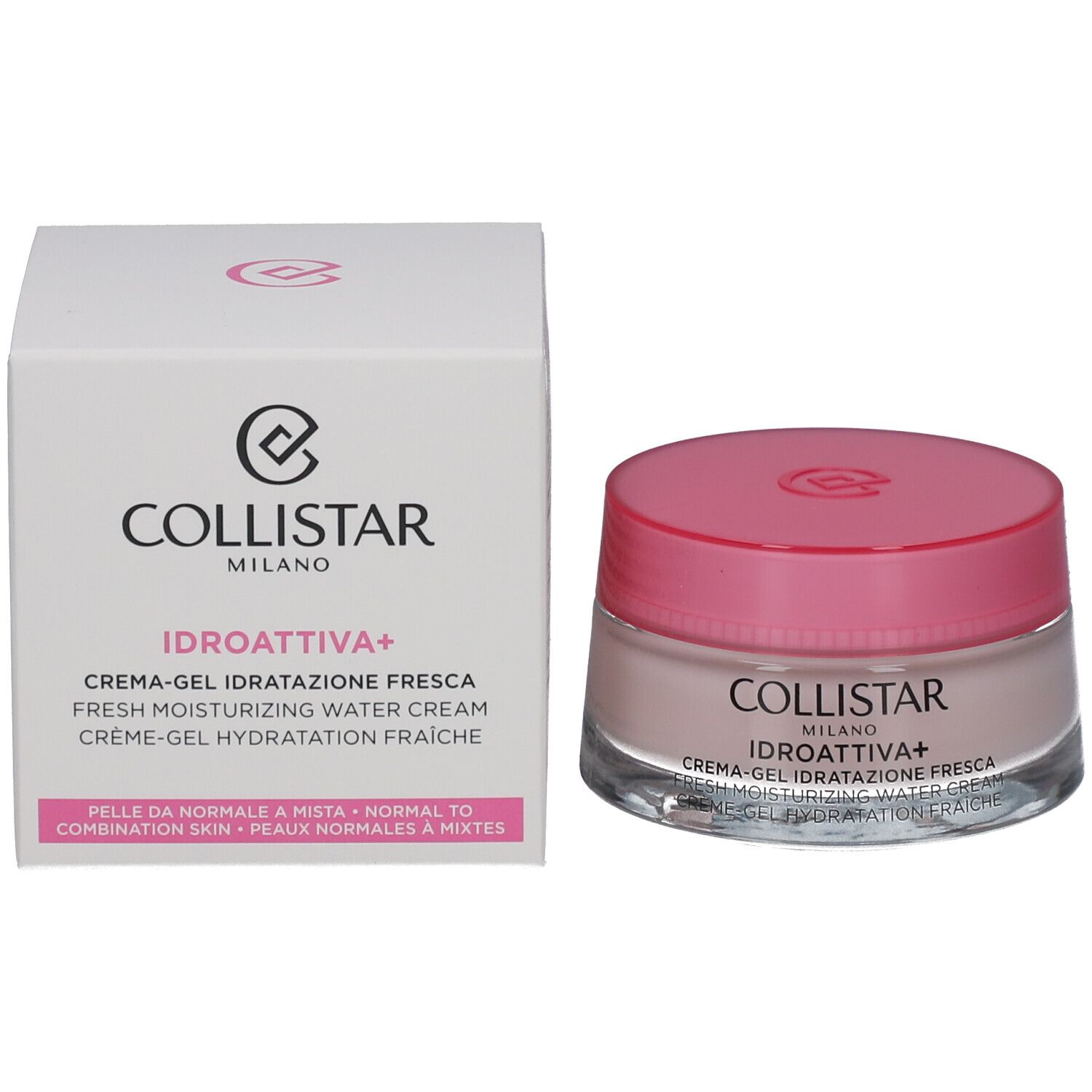 Creme-Gel-Tiegel und Schachtel. Aufschrift: COLLISTAR, IDROATTIVA+, Creme-Gel. Text: Pelle da normale a mista.