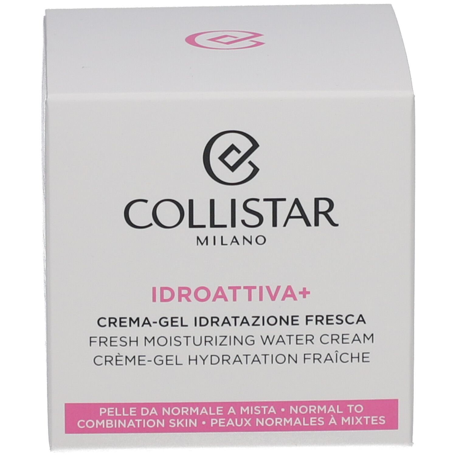 Schachtel. Aufschrift: COLLISTAR, IDROATTIVA+, Creme-Gel. Text: Pelle da normale a mista.