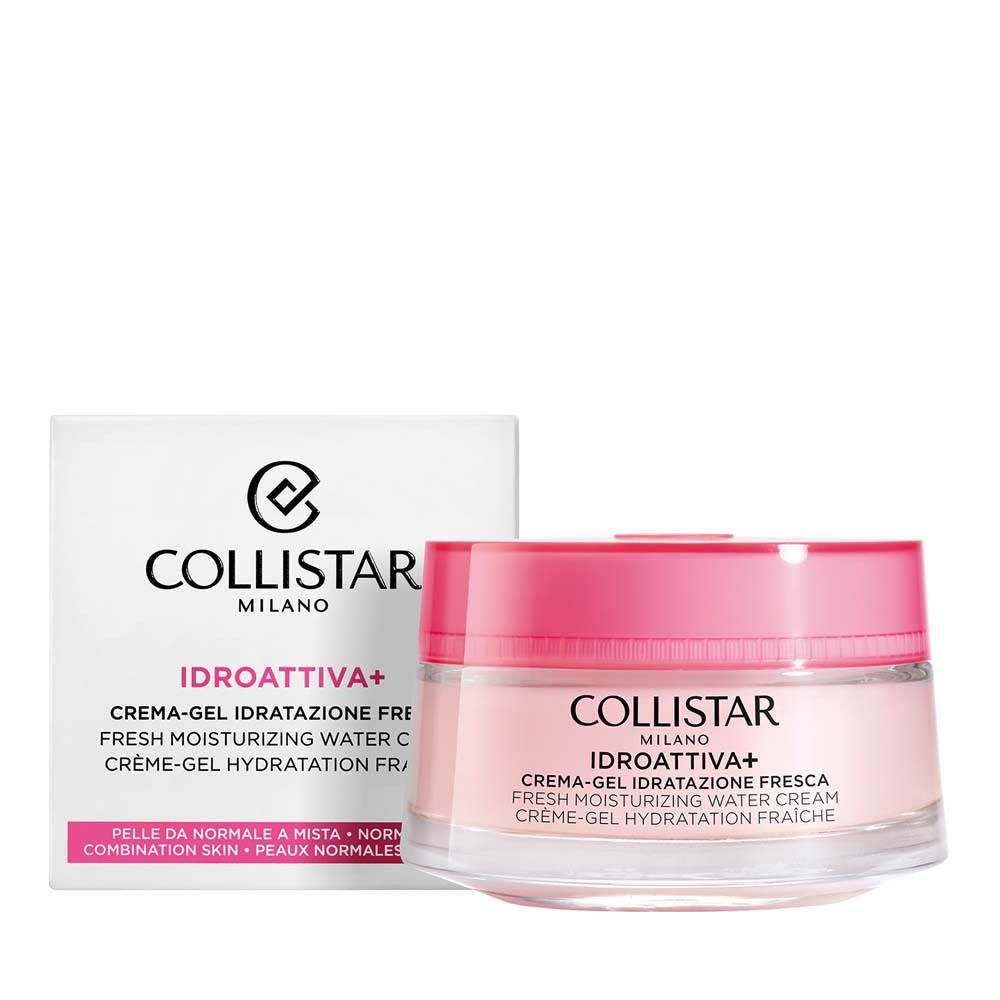 Pot de crème-gel rose. Inscription : COLLISTAR, IDROATTIVA+, Crème-gel. Récipient en verre.