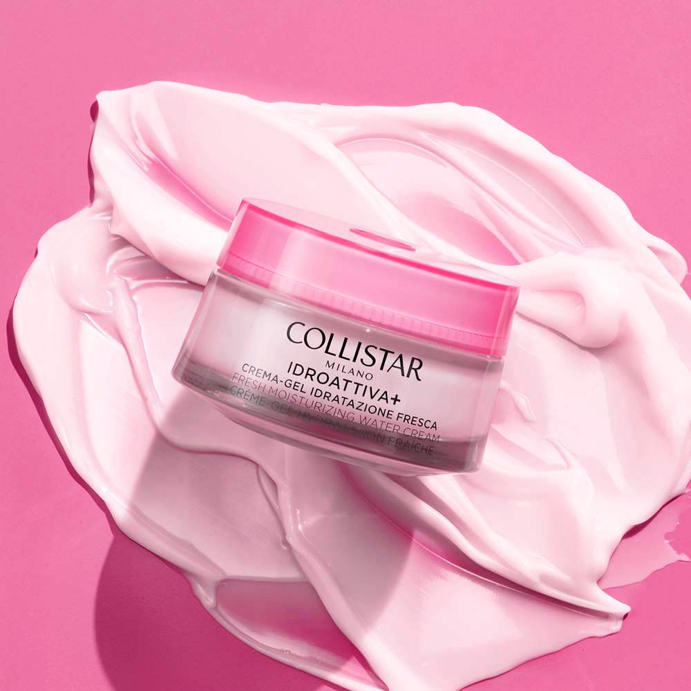 Pot de crème-gel rose. Inscription : COLLISTAR, IDROATTIVA+, Crème-gel. Sur fond rose.
