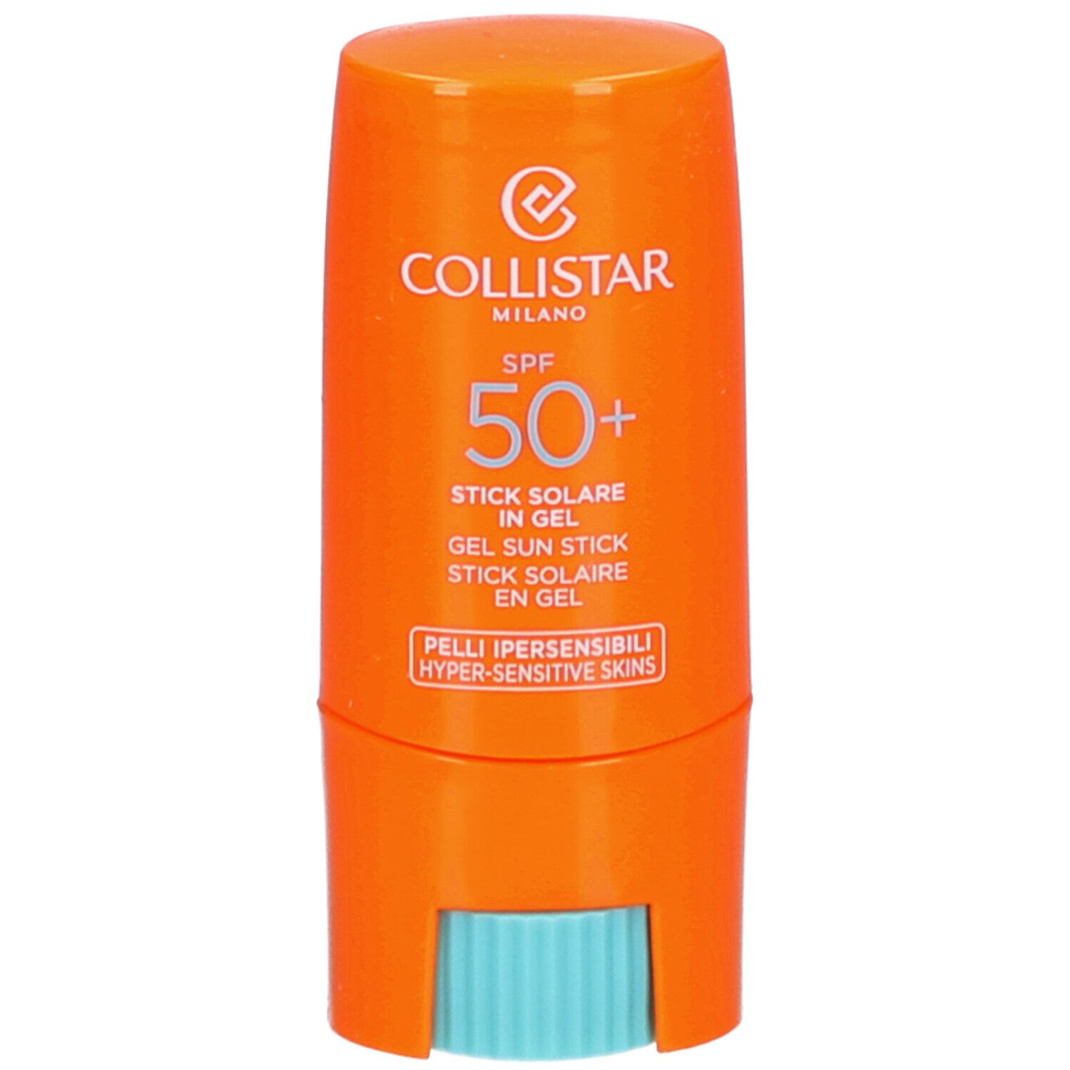 Orangefarbener Sonnenschutz-Stick mit blauem Drehmechanismus. Text: SPF 50+, Stick Solaire in Gel, für empfindliche Haut.