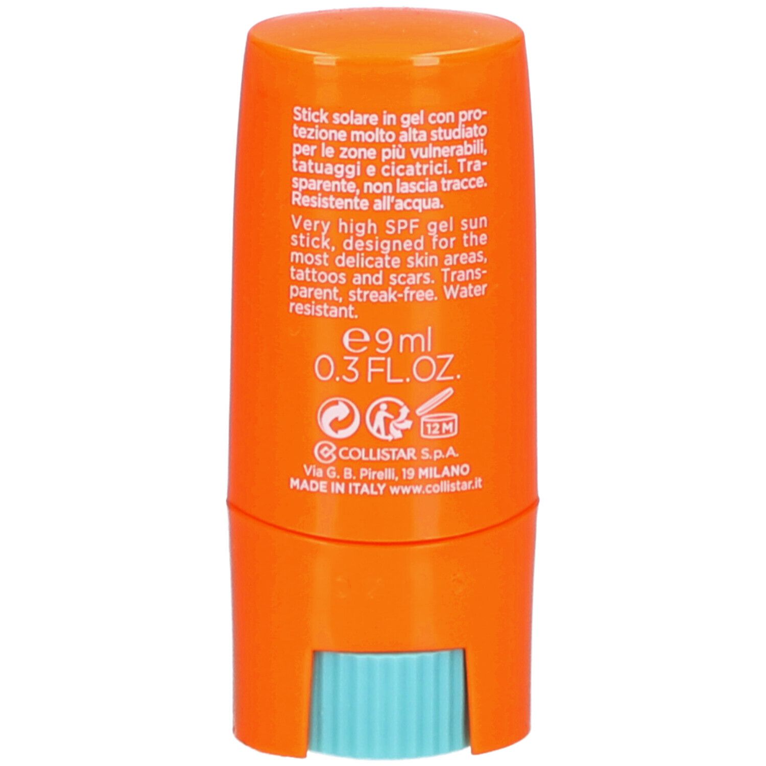 Rückseite des orangefarbenen Sonnenschutz-Sticks. Text: SPF 50+, 9ml, wasserfest. Hersteller: Collistar Milano. Hergestellt in Italien.