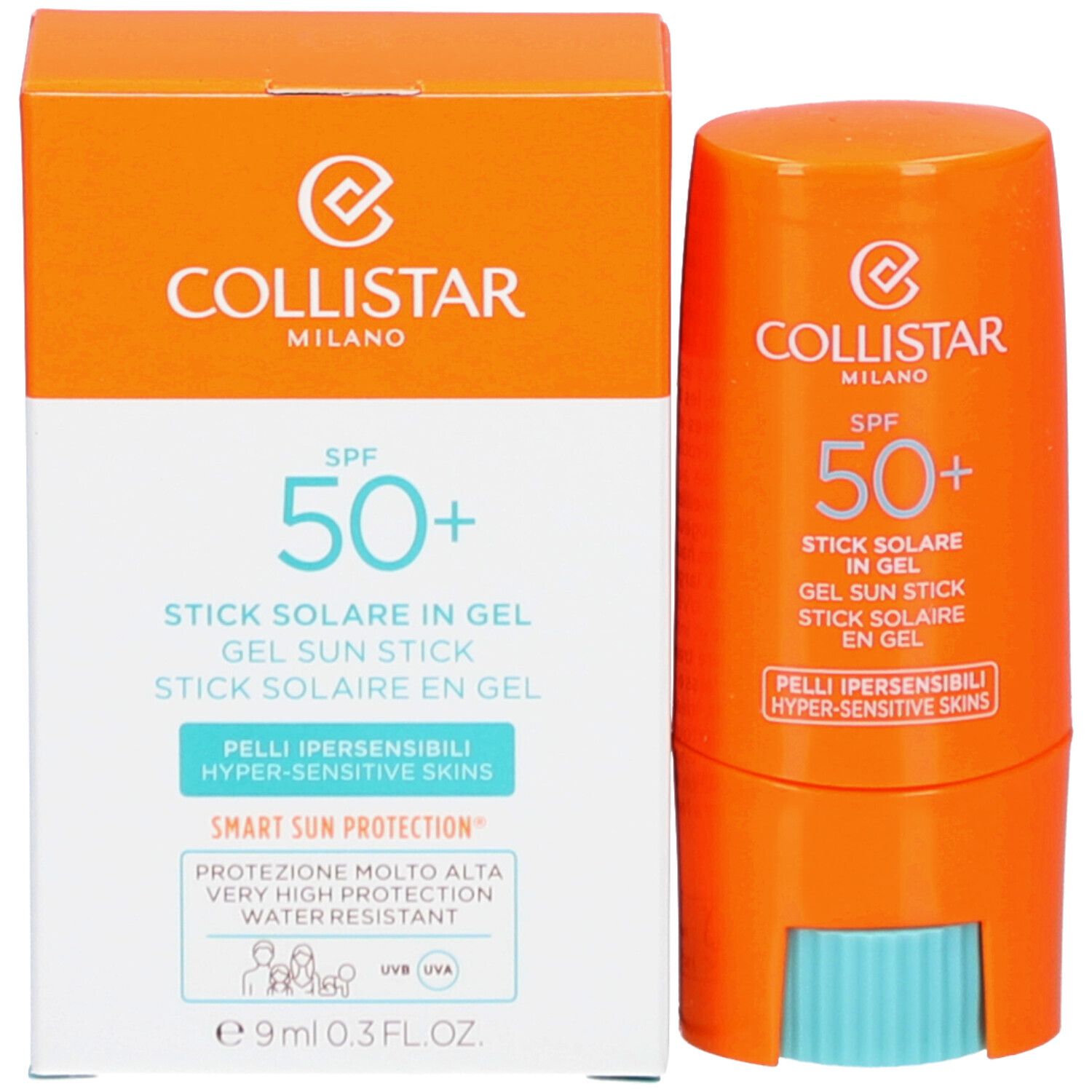 Sonnenschutz-Stick und Verpackung. Orangefarbener Stick, weiße Verpackung. Text: SPF 50+, Stick Solaire in Gel, 9ml, für empfindliche Haut.