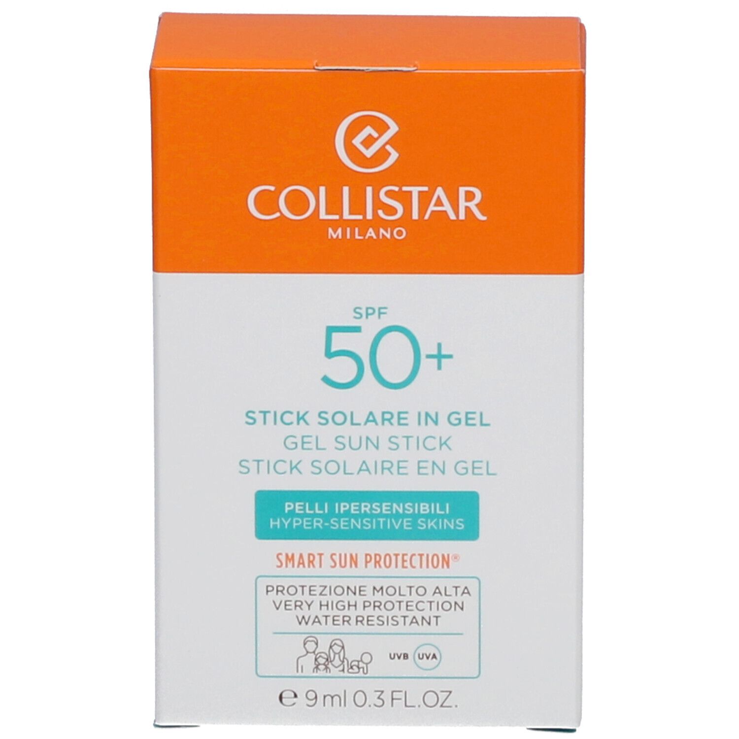 Weiße Verpackung mit orangefarbener Oberseite. Text: SPF 50+, Stick Solaire in Gel, 9ml, für empfindliche Haut. Marke: Collistar.
