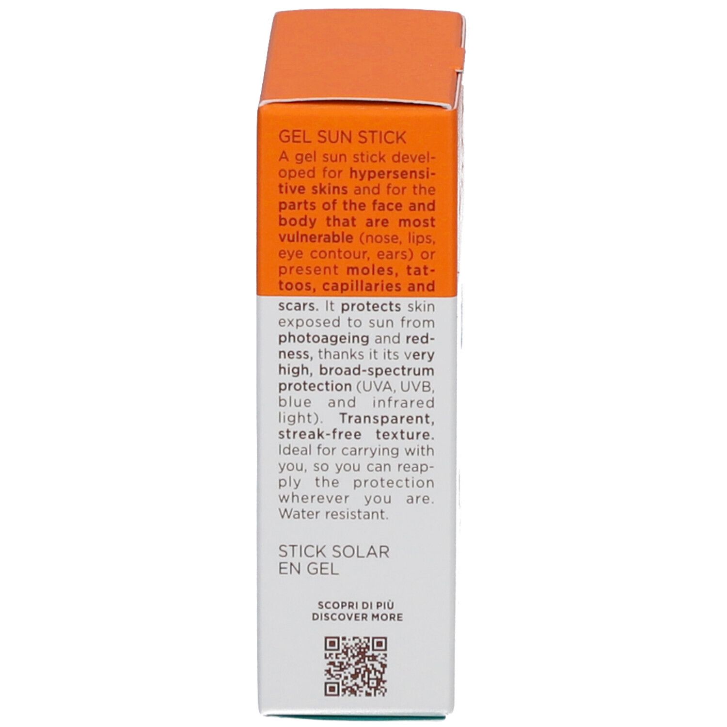 Verpackung, Text: Gel Sun Stick, für empfindliche Haut, schützt vor Photoaging. QR-Code. Marke: Collistar.
