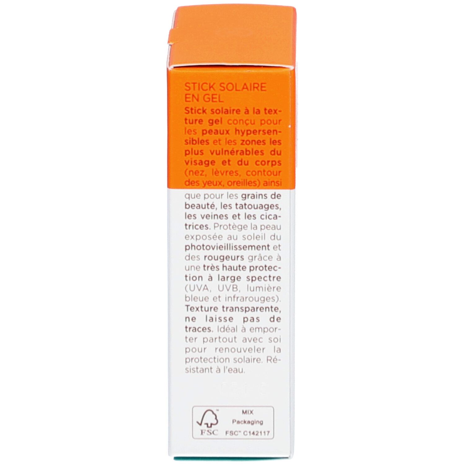 Verpackung, Text: Stick Solaire in Gel, für empfindliche Haut, schützt vor Photoaging. FSC-Zertifizierung.