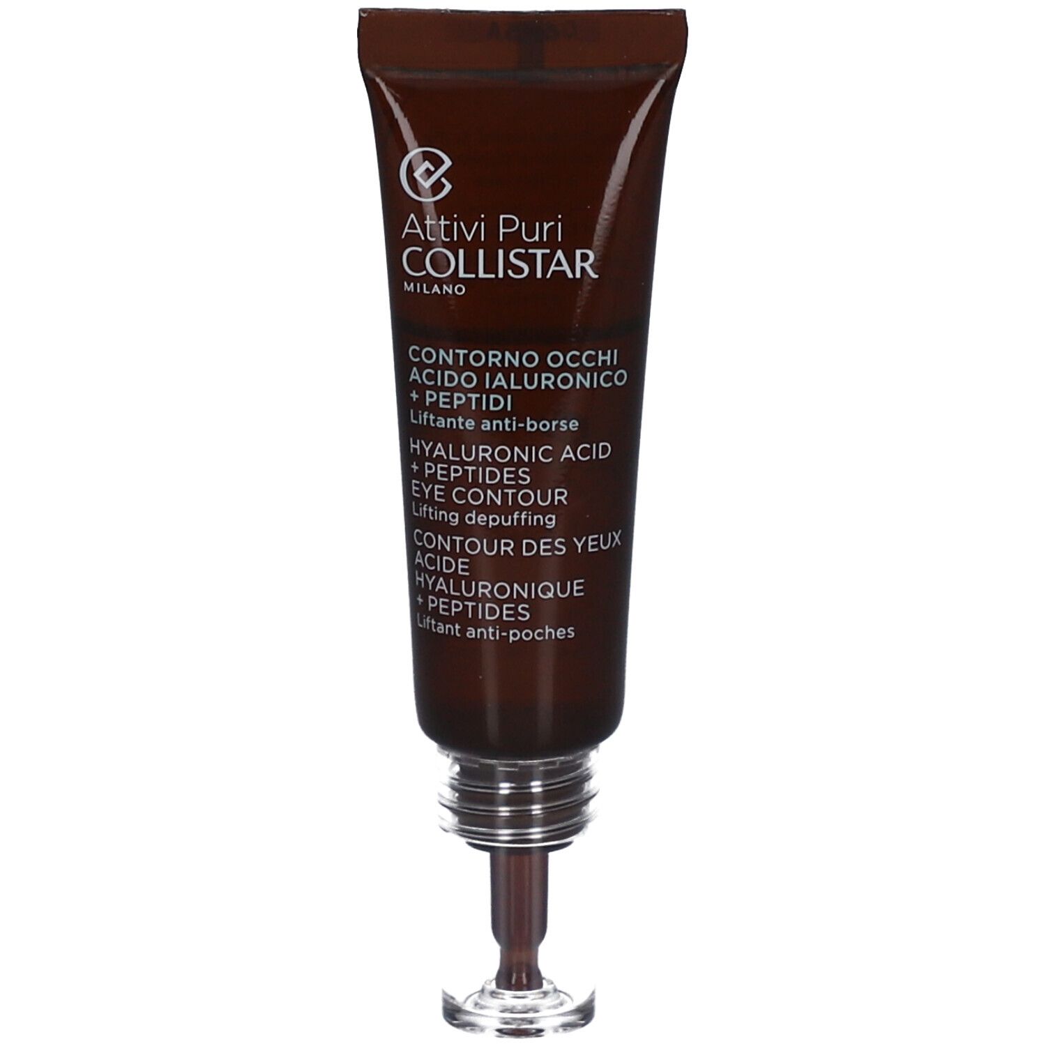 Braune Tube mit Produkttext. Aufschrift: Attivi Puri Collistar. Contorno Occhi Acido Ialuronico + Peptidi. Eye Contour.