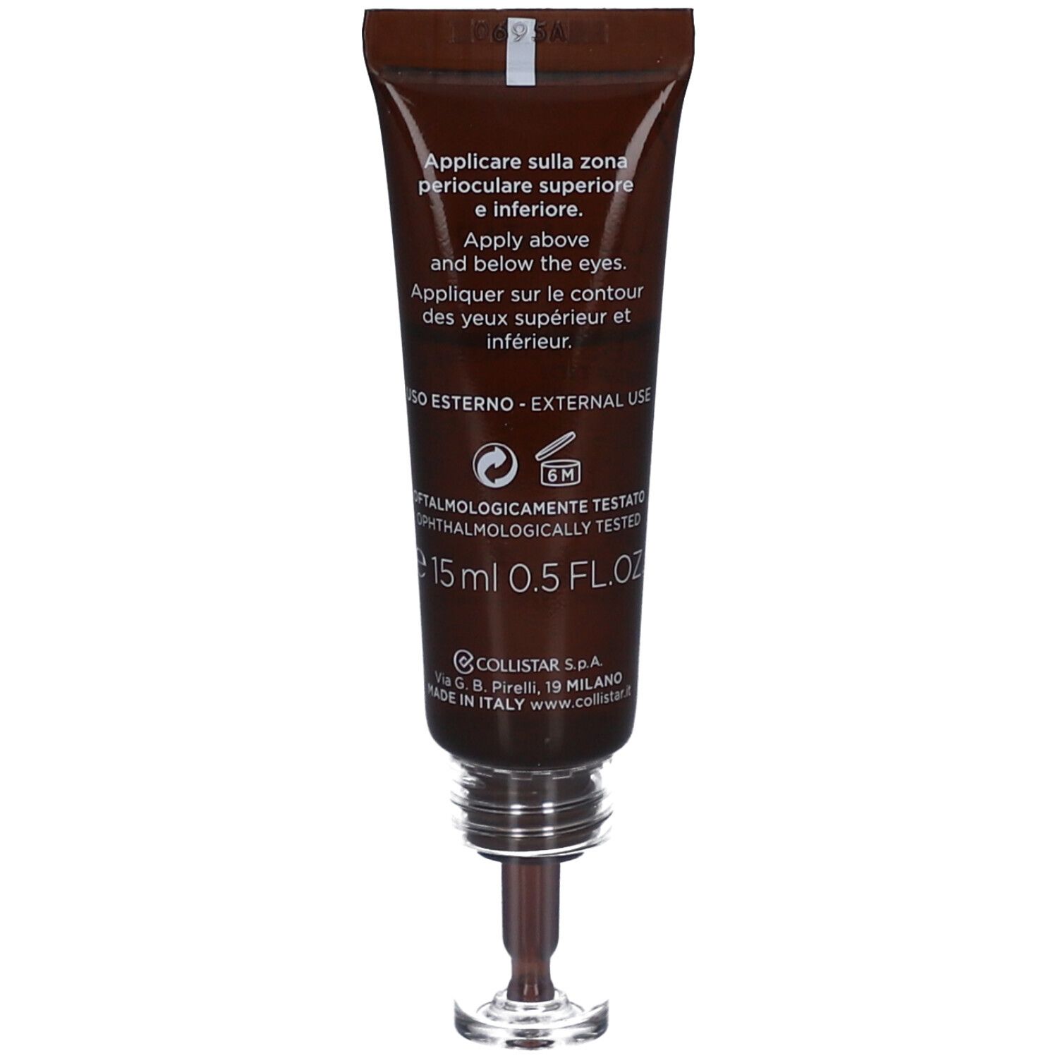 Rückseite der Tube. Text: Applicare sulla zona perioculare superiore e inferiore. 15 ml. 0.5 FL.OZ. Dermatologisch getestet.